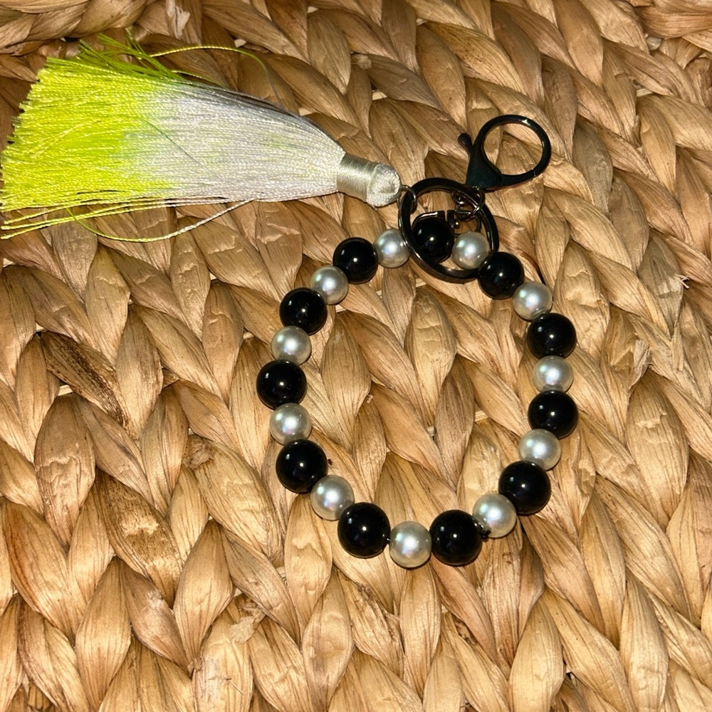 Black and White Beaded Keychain with Tassel